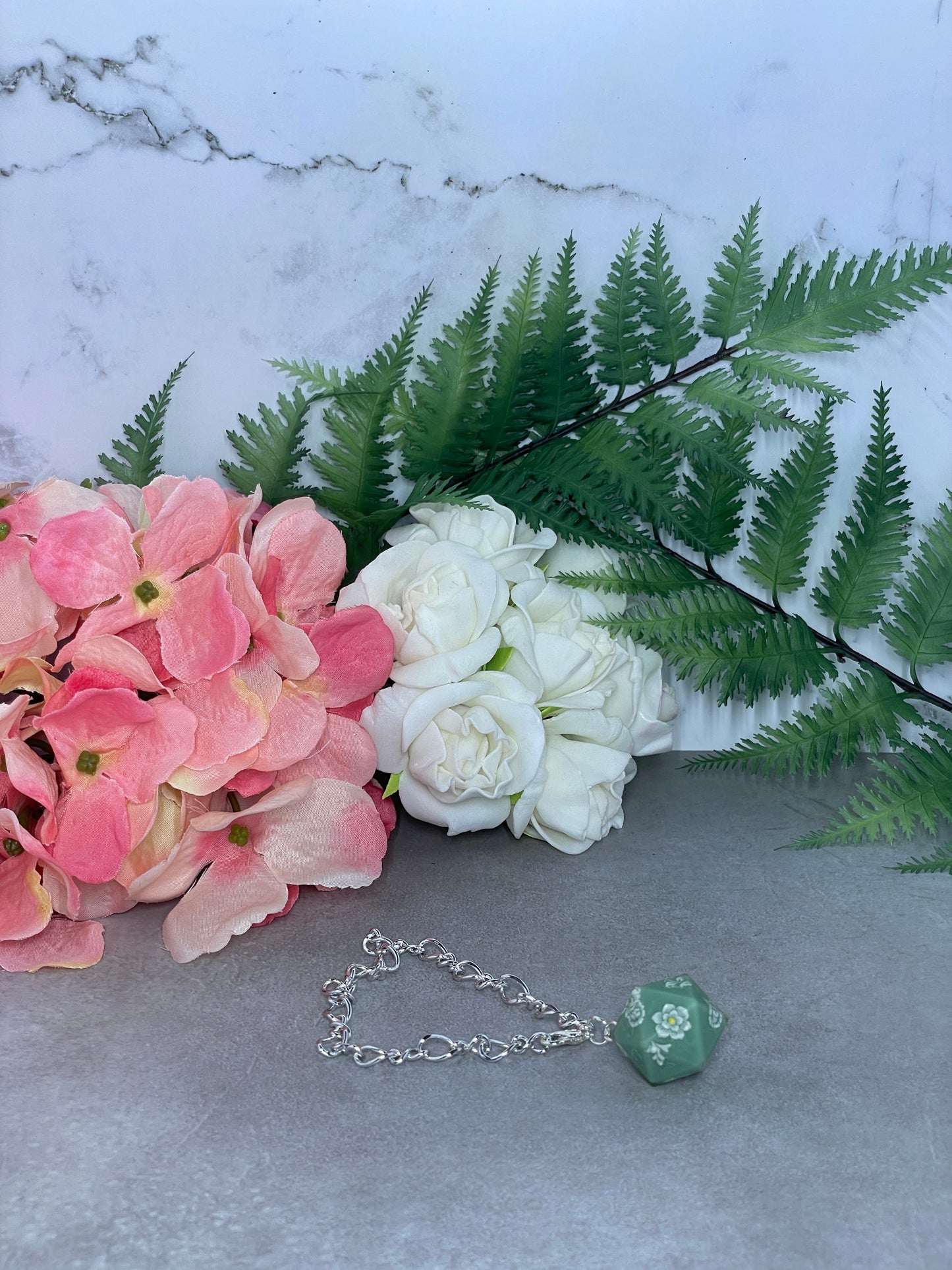 Dice Pendant | Sage | Filigree | Silver Bracelet