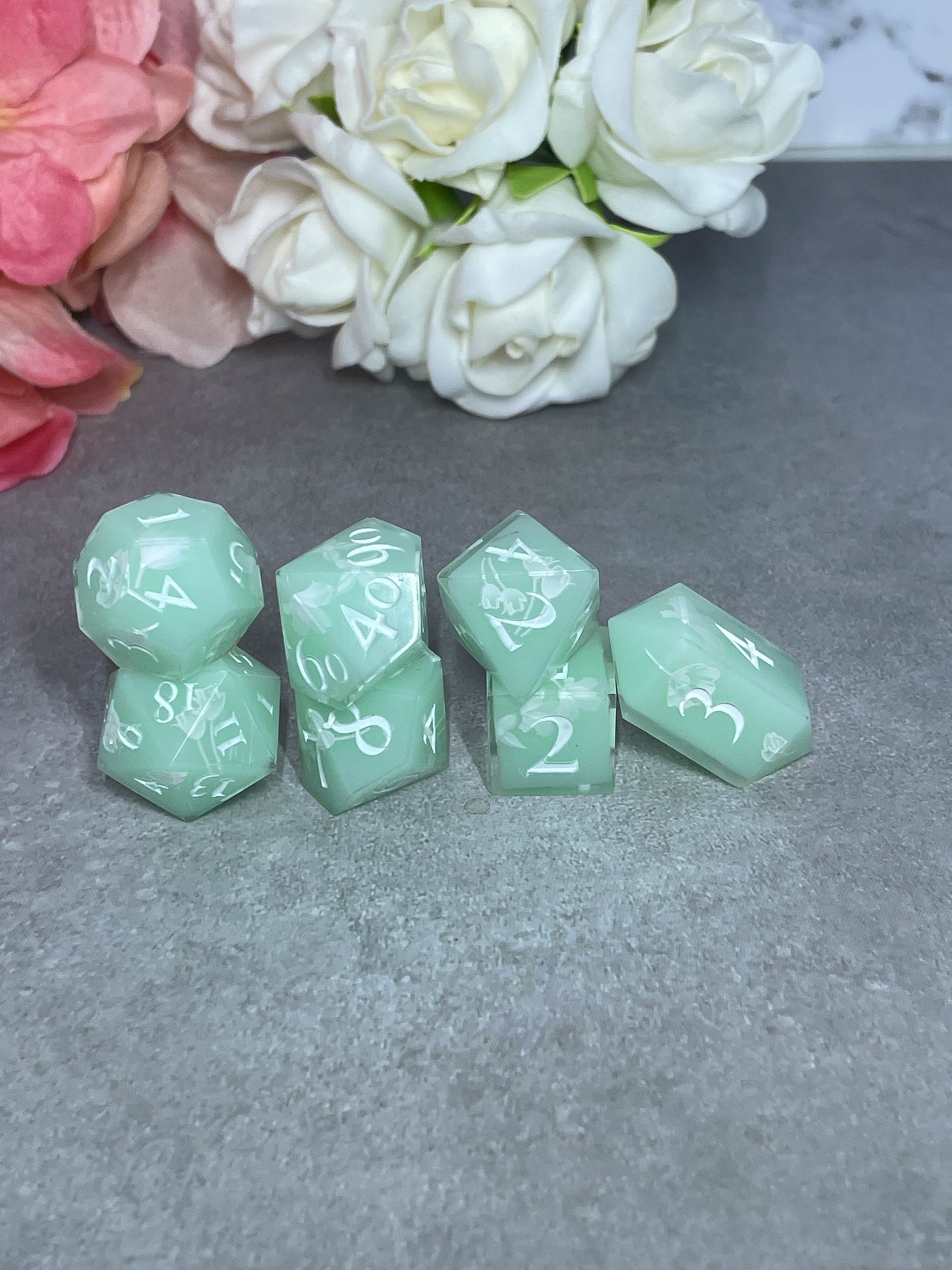 Milk Glass Floral | Polyhedral Dice Set | Mint
