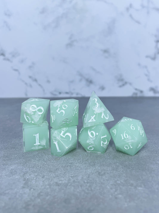 Milk Glass Floral | Polyhedral Dice Set | Mint