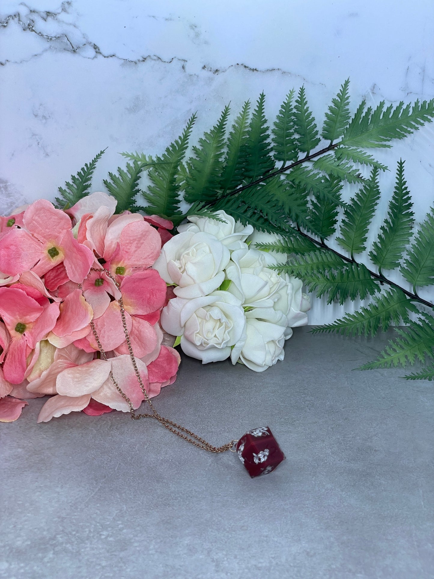 Dice Pendant | Rhombic D12 | Crimson | Filigree | Rose Gold Necklace (40cm)