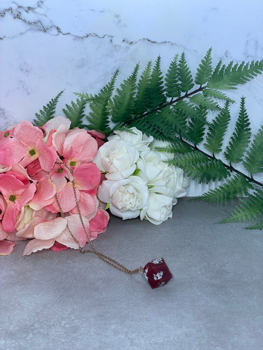 Dice Pendant | Rhombic D12 | Crimson | Filigree | Rose Gold Necklace (40cm)