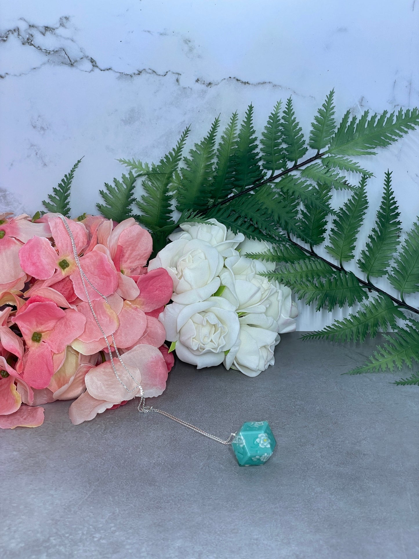 Dice Pendant | Rhombic D12 | Tiffany Blue | Filigree | Sterling Silver Necklace (40cm)