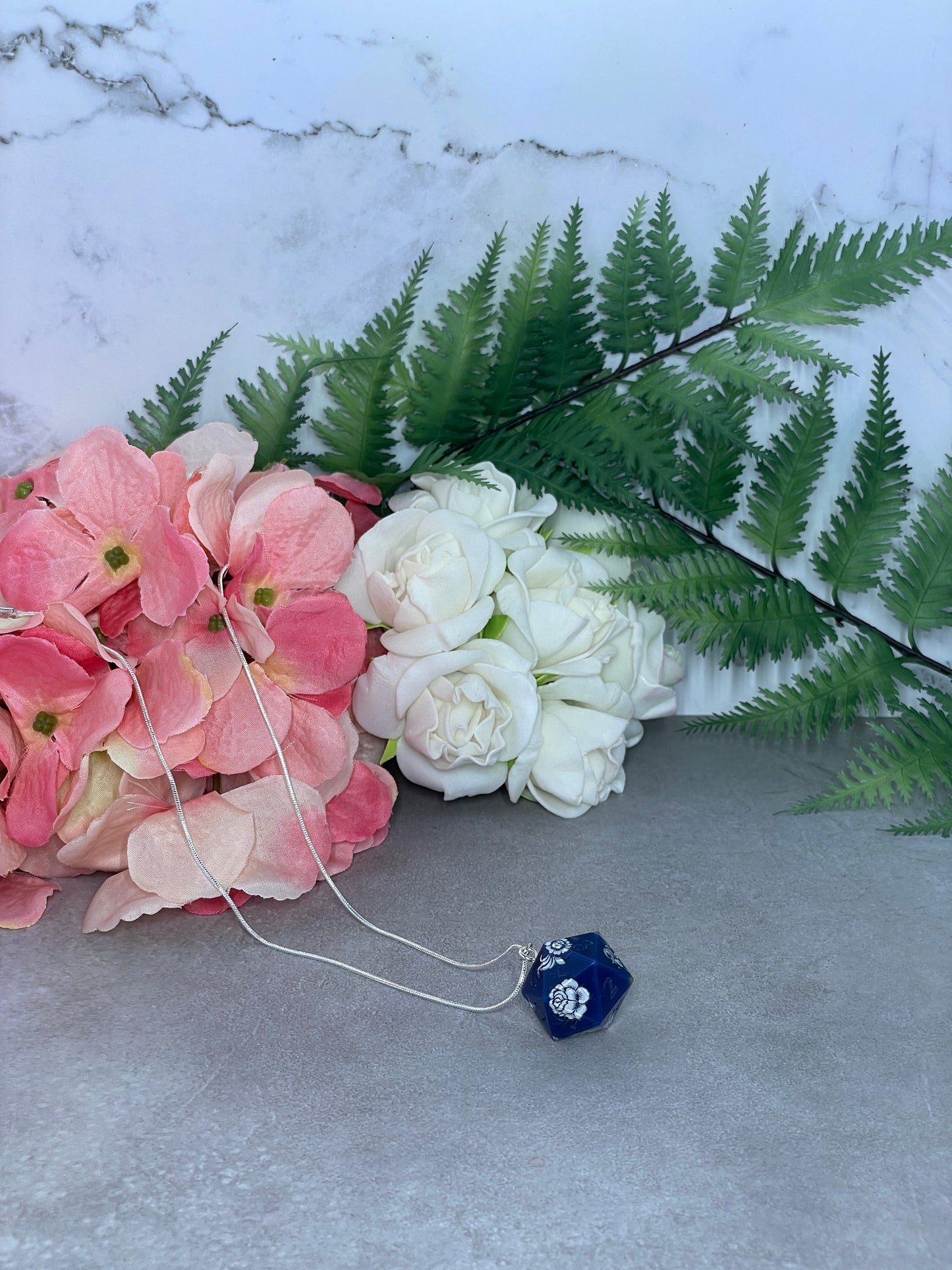 Dice Pendant | D20 | Navy | Filigree | Silver Necklace (40cm)