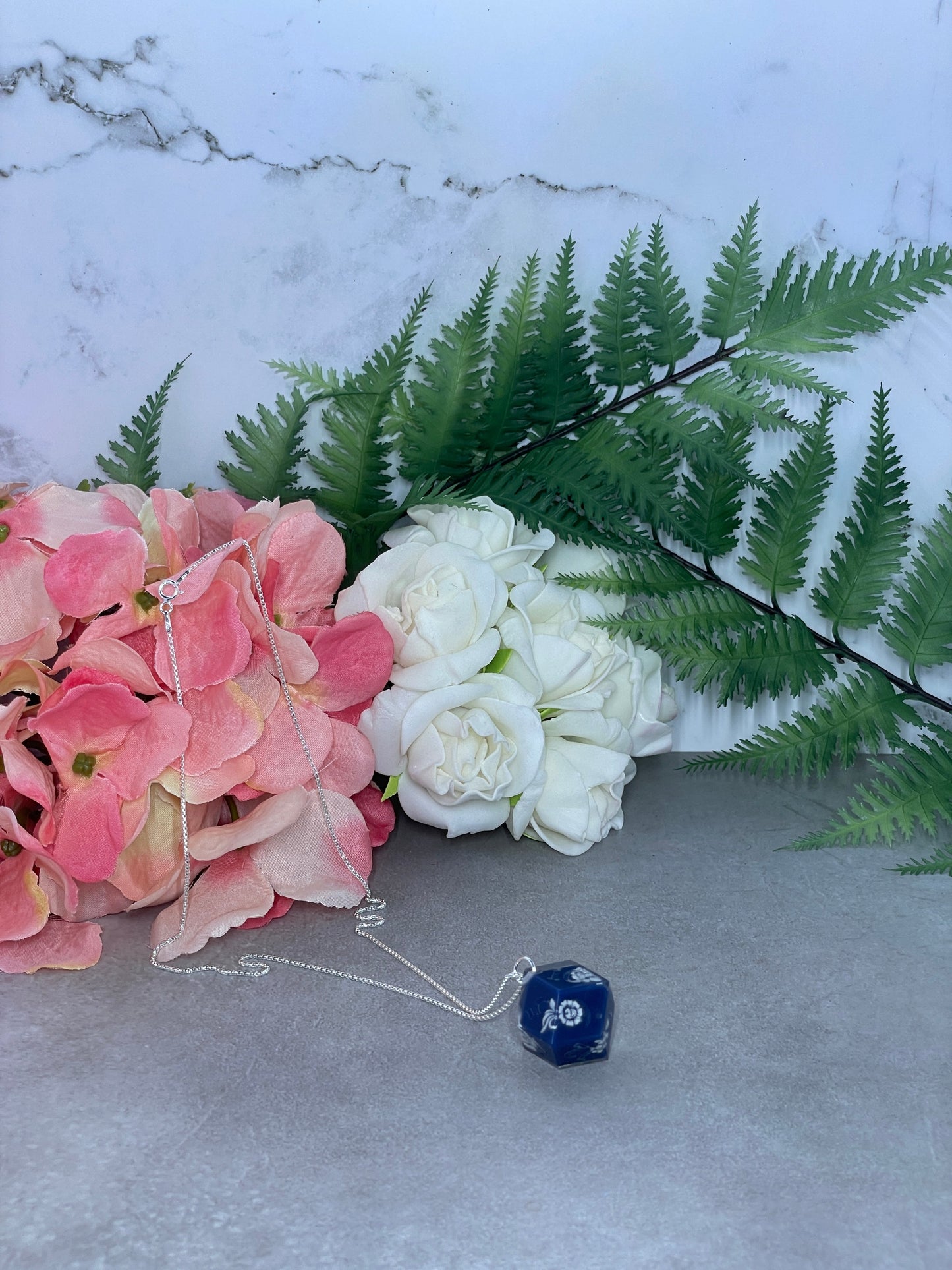 Dice Pendant | Rhombic D12 | Navy | Filigree | Sterling Silver Necklace (40cm)